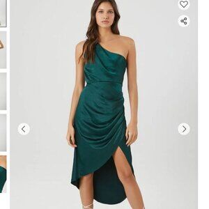 FOREVER 21 Women's Emerald Satin One Shoulder Dress Side Rouching Slit, sz SM
